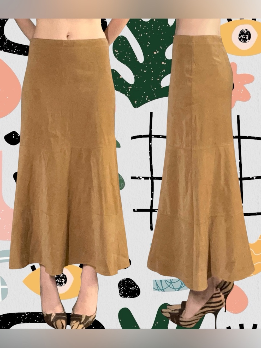 First Option | Vintage Faux Suede Mid Rise Trumpet Midi Skirt